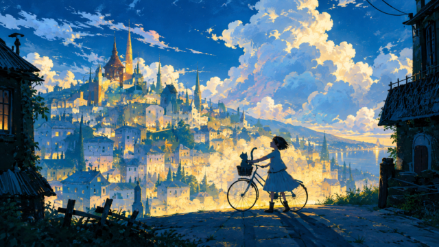 Fantasy City Bicycle Ride 4K Wallpaper – Golden Hour Anime Scenery 3840x2160 - Free Download