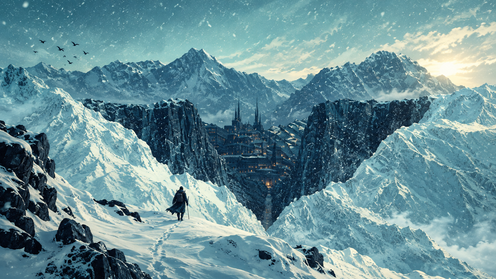 Frozen Mountain Kingdom 4K Wallpaper – Snowy Peaks and Fantasy Castle - pixora4k.com